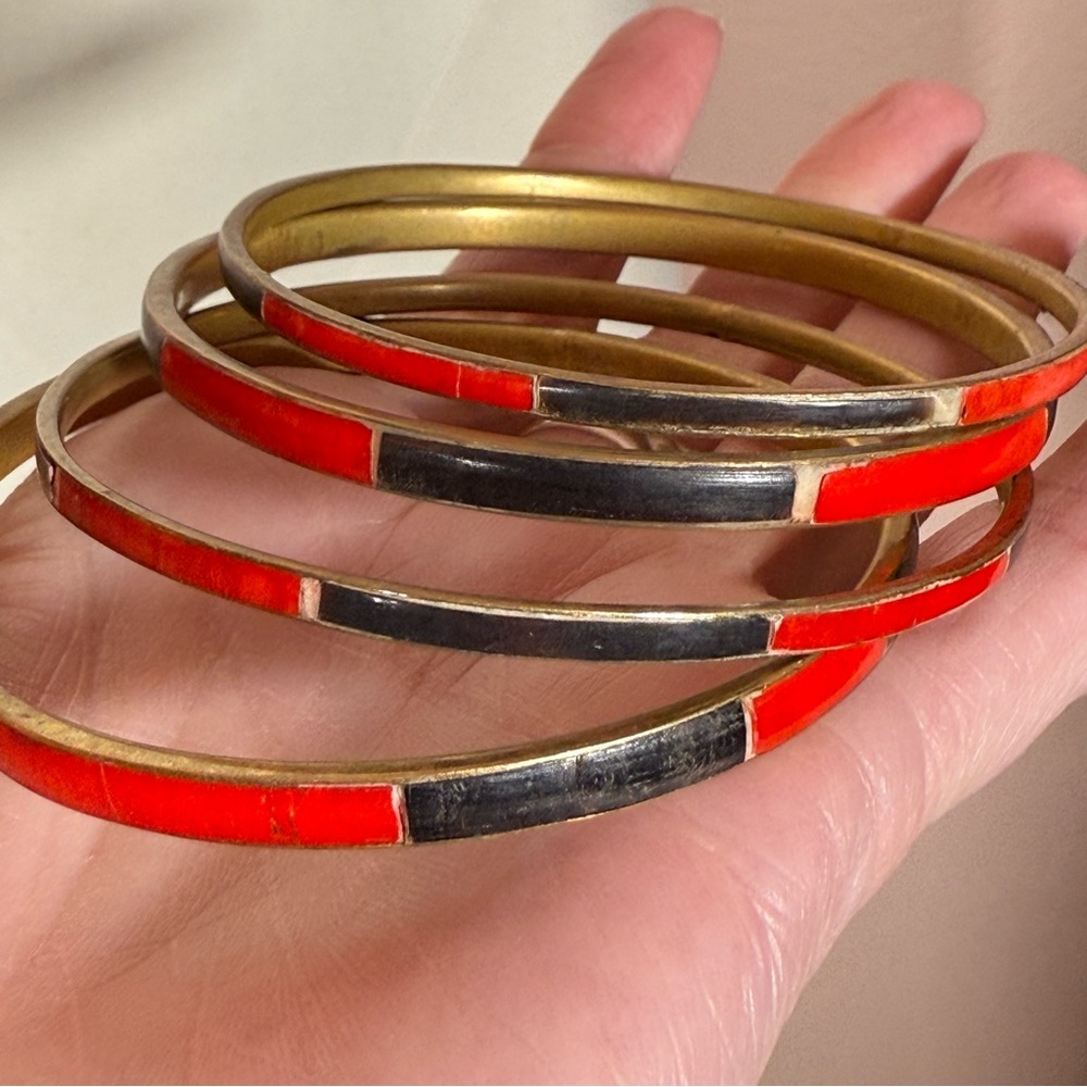 Vintage bohemian modernist Art Deco Red Black Brass Bangle Bracelet Set